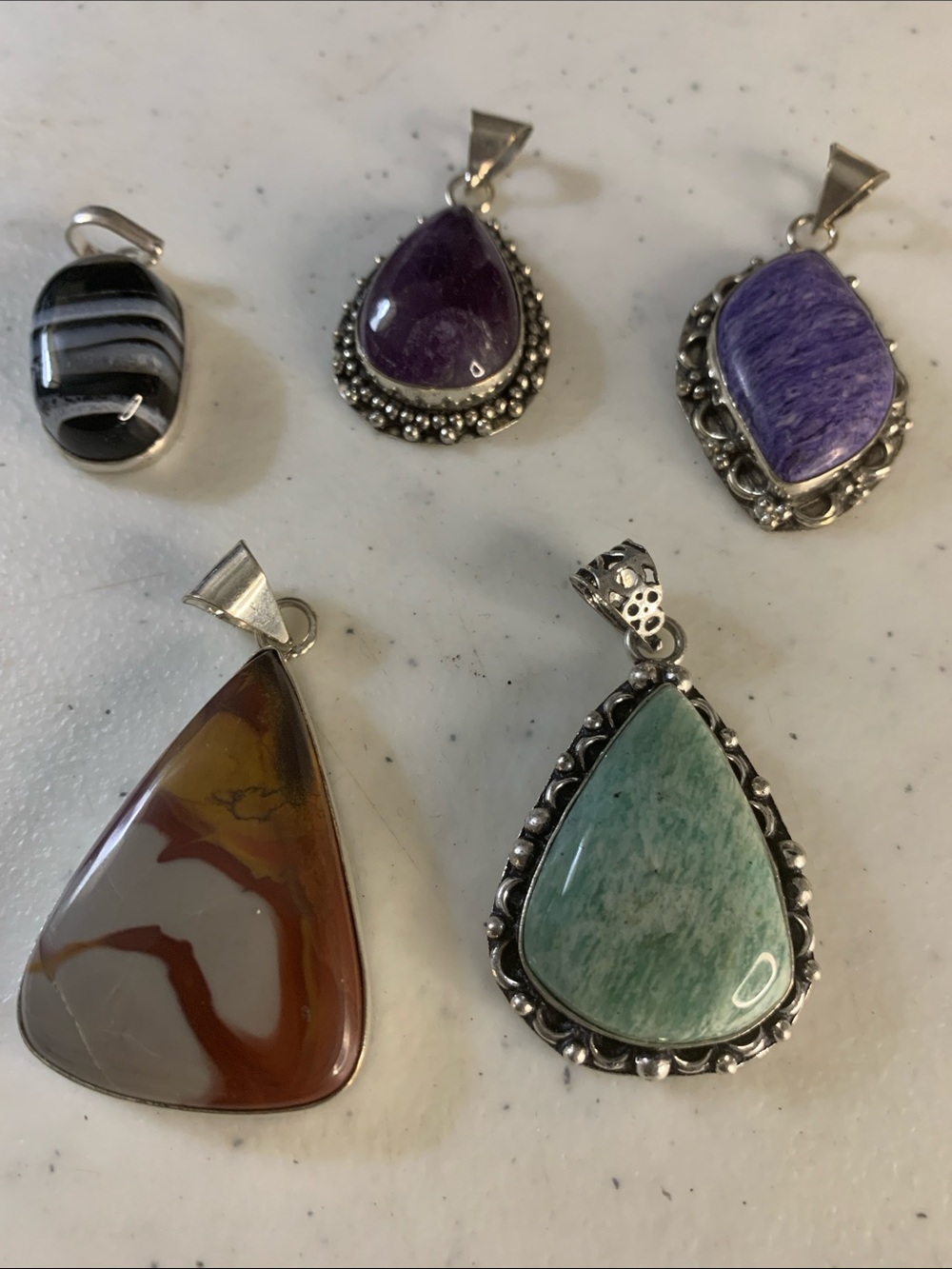 Silver Pendant Set of 5 with Multicolor real Gemstones